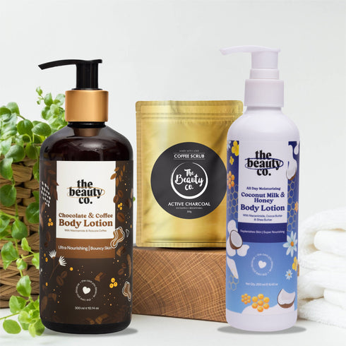 the beauty co Super Smooth Skin | Chococoffee and Coconut Milk Lotion and Charcoal Scrub